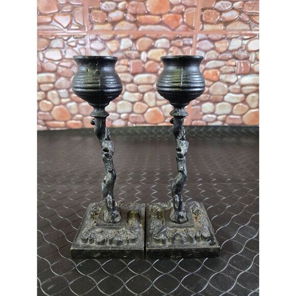 Two Ornate Squirrels on a Tree Black Cast Iron Candle Holder 8in Tall - Picture 3 of 12